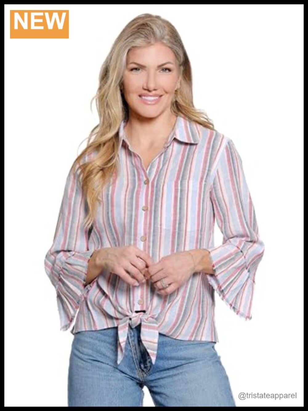 Striped Tie-Front Blouse Ruffle Sleeves Zig Zag Embroidery Women's Cotton Linen